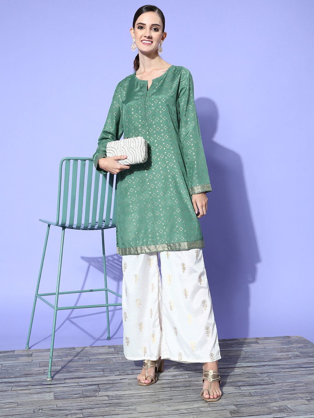 HERE&NOW Women Stylish Green Polyester Hyper Texture Kurti Price in India