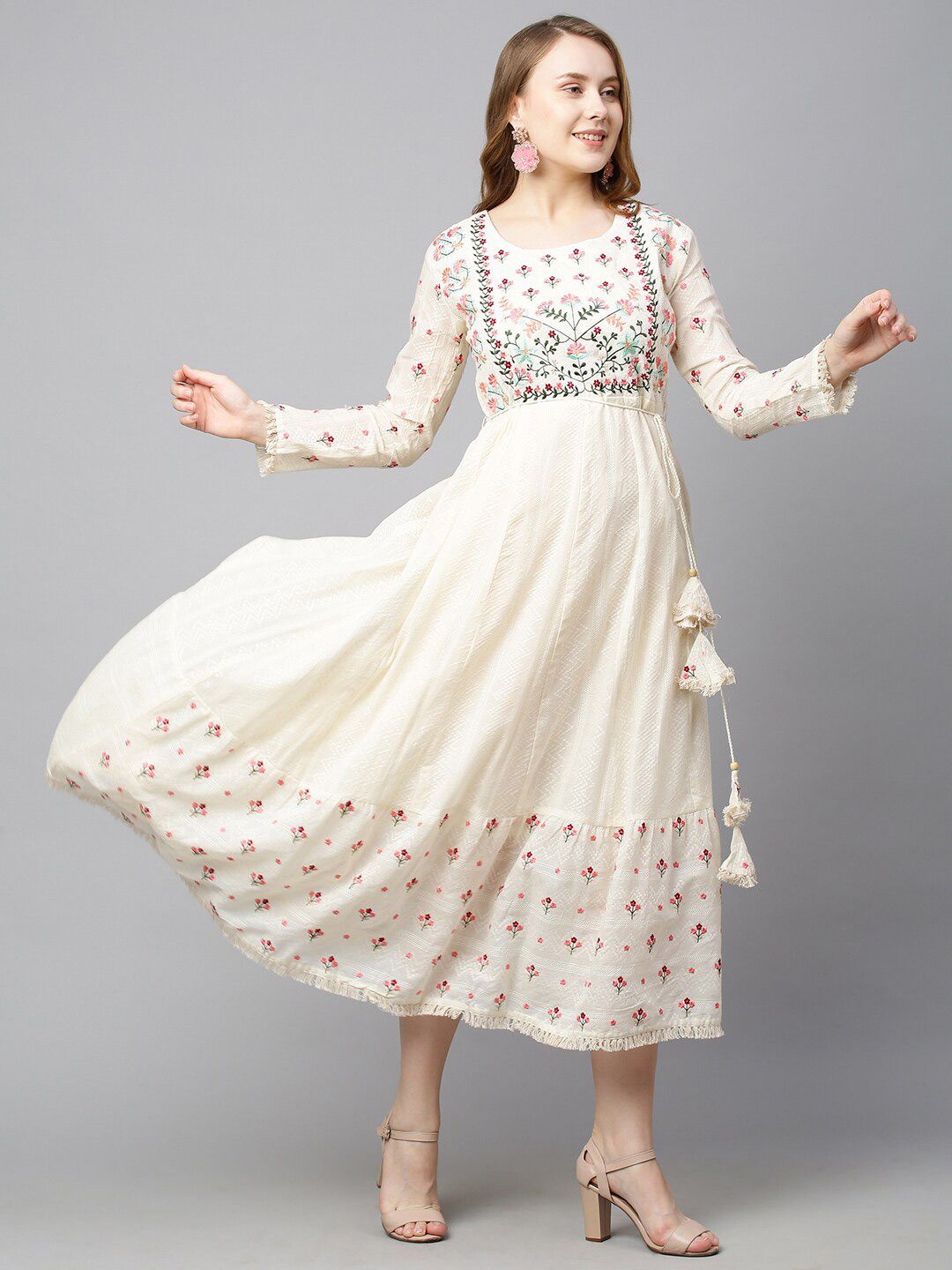 FASHOR Women Off White Floral Ethnic Maxi Dress Price in India