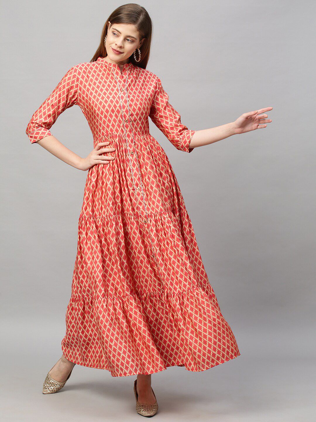 FASHOR Women Peach & Brown Ethnic Motifs Tiered Maxi Dress Price in India