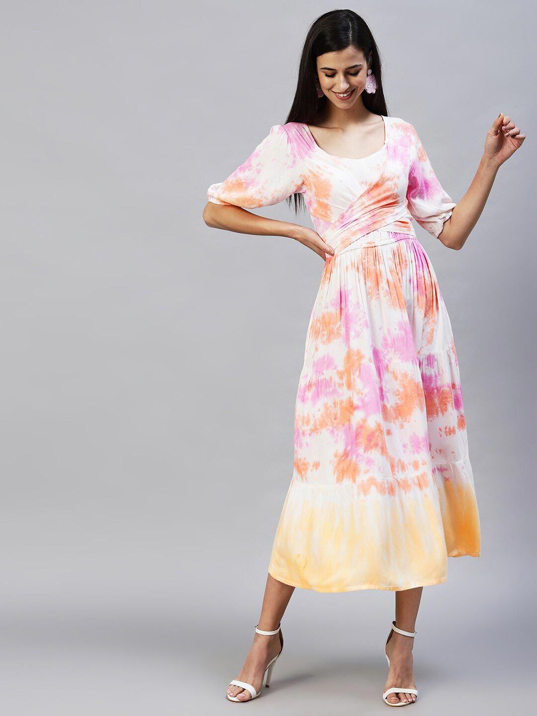 FASHOR Pink & Purple Tie and Dye Midi Dress Price in India