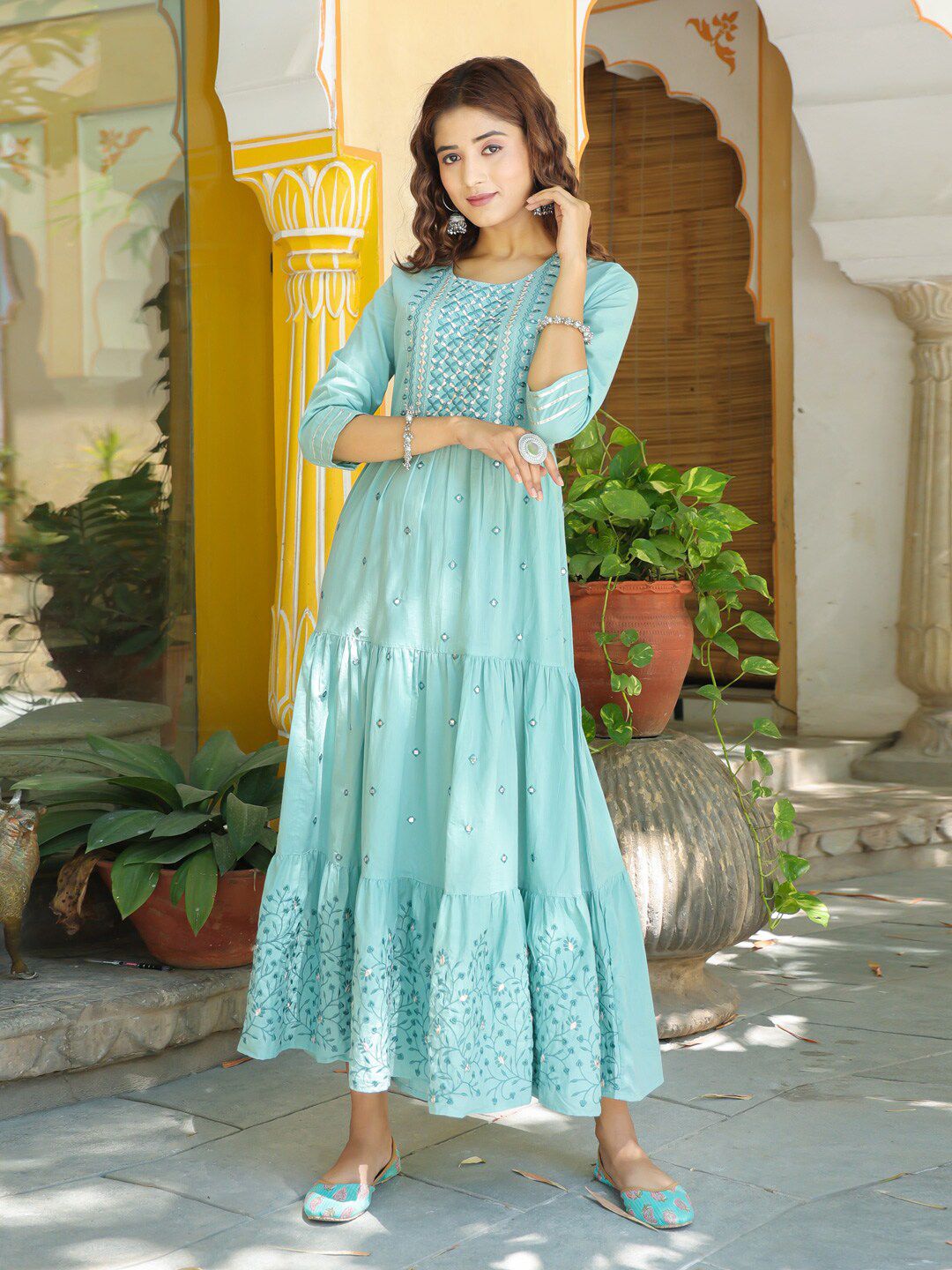 Yufta Sea Women Green Floral Embroidered Ethnic Maxi Dress Price in India