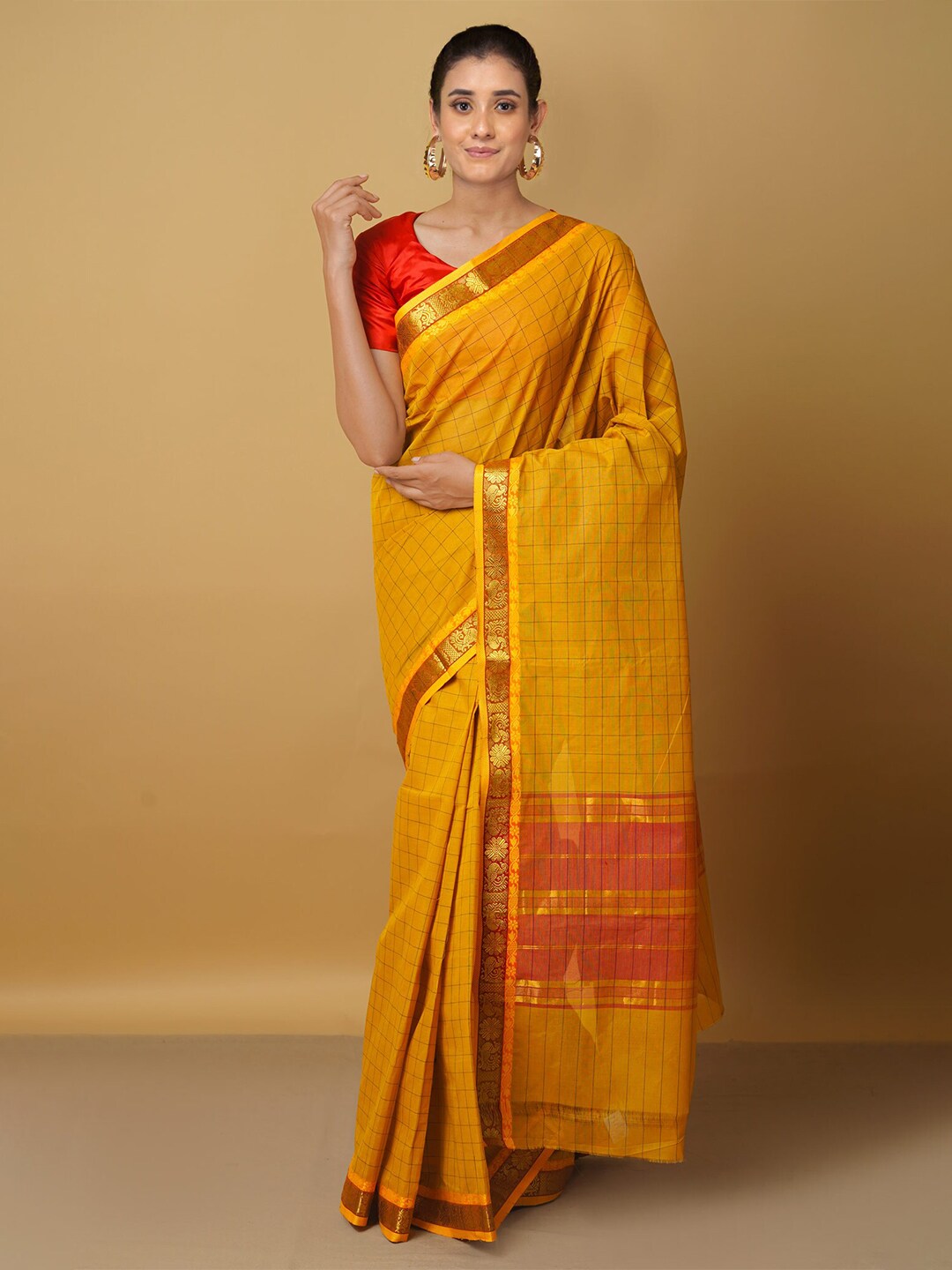 Unnati Silks Yellow & Orange Woven Design Pure Cotton Venkatgiri Saree Price in India