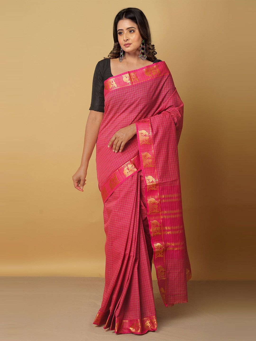 Unnati Silks Women Pink & Gold-Toned Zari Pure Cotton Venkatgiri Saree Price in India