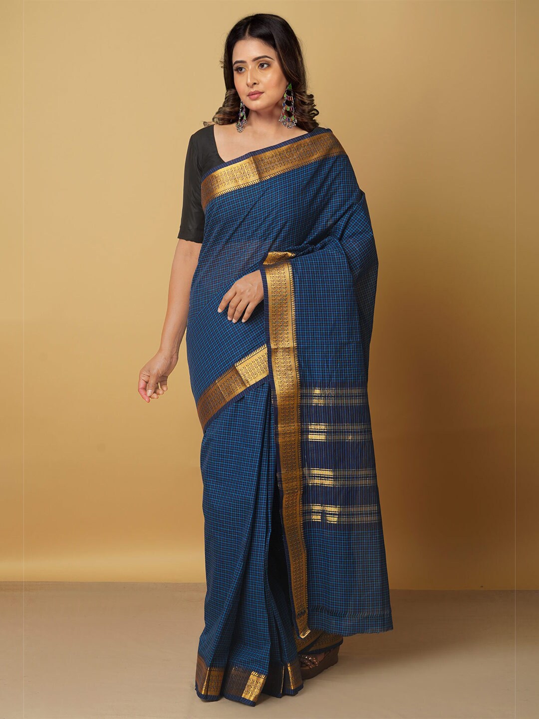 Unnati Silks Blue & Gold-Toned Woven Design Zari Pure Cotton Venkatgiri Saree Price in India