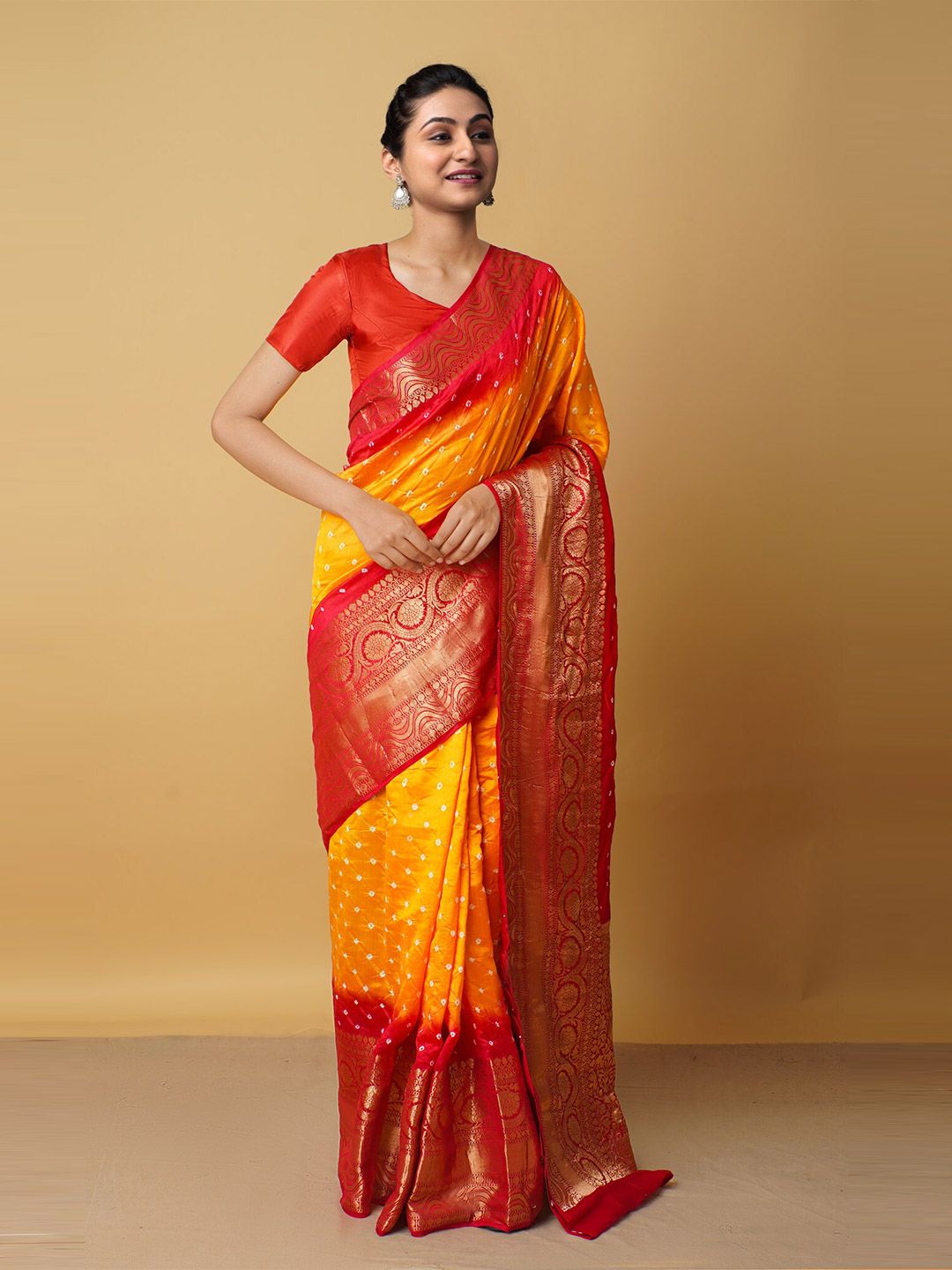 Unnati Silks Red & Orange Woven Design Zari Pure Silk Kanjeevaram Saree Price in India