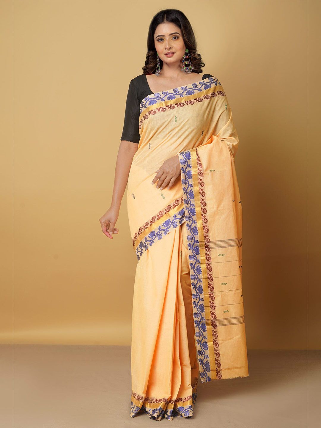 Unnati Silks Women Yellow & Orange Woven Design Pure Cotton Venkatgiri Saree Price in India