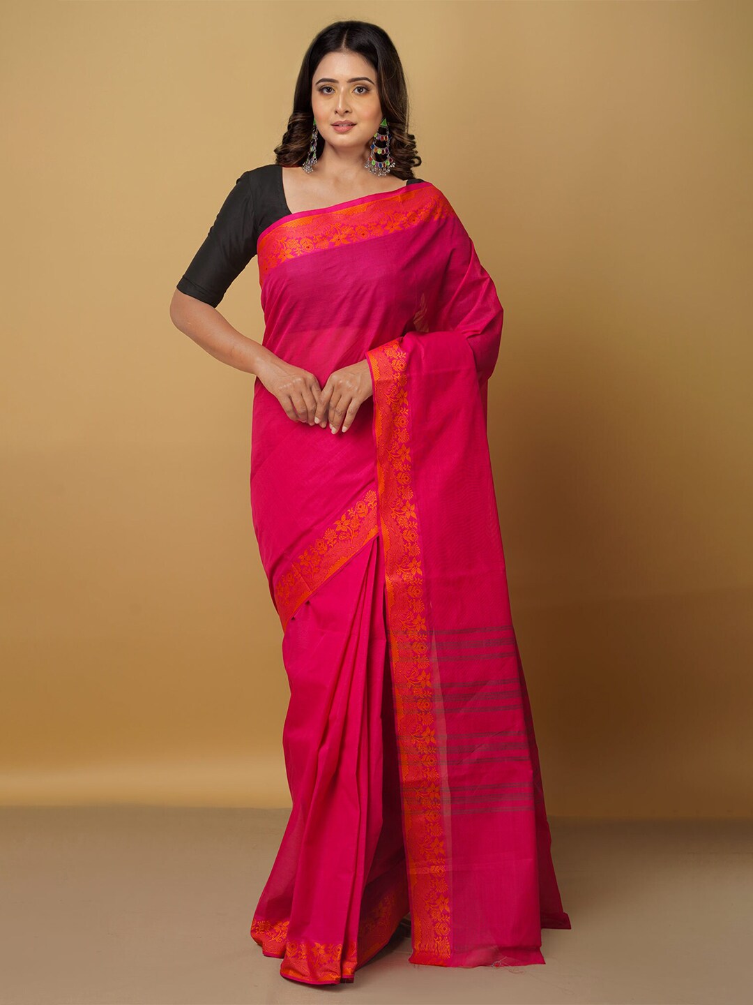 Unnati Silks Pink & Gold-Toned Woven Design Zari Pure Cotton Venkatgiri Saree Price in India