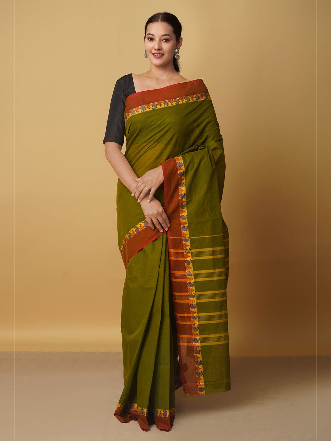 Unnati Silks Green & Red Striped Pure Cotton Venkatgiri Saree Price in India
