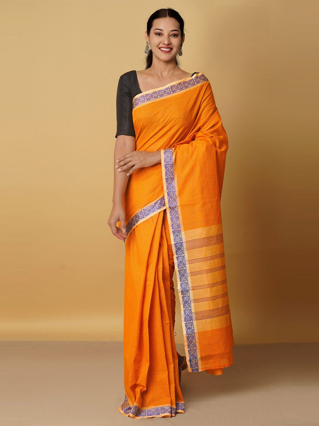 Unnati Silks Orange & Blue Checked Zari Pure Cotton Venkatgiri Saree Price in India