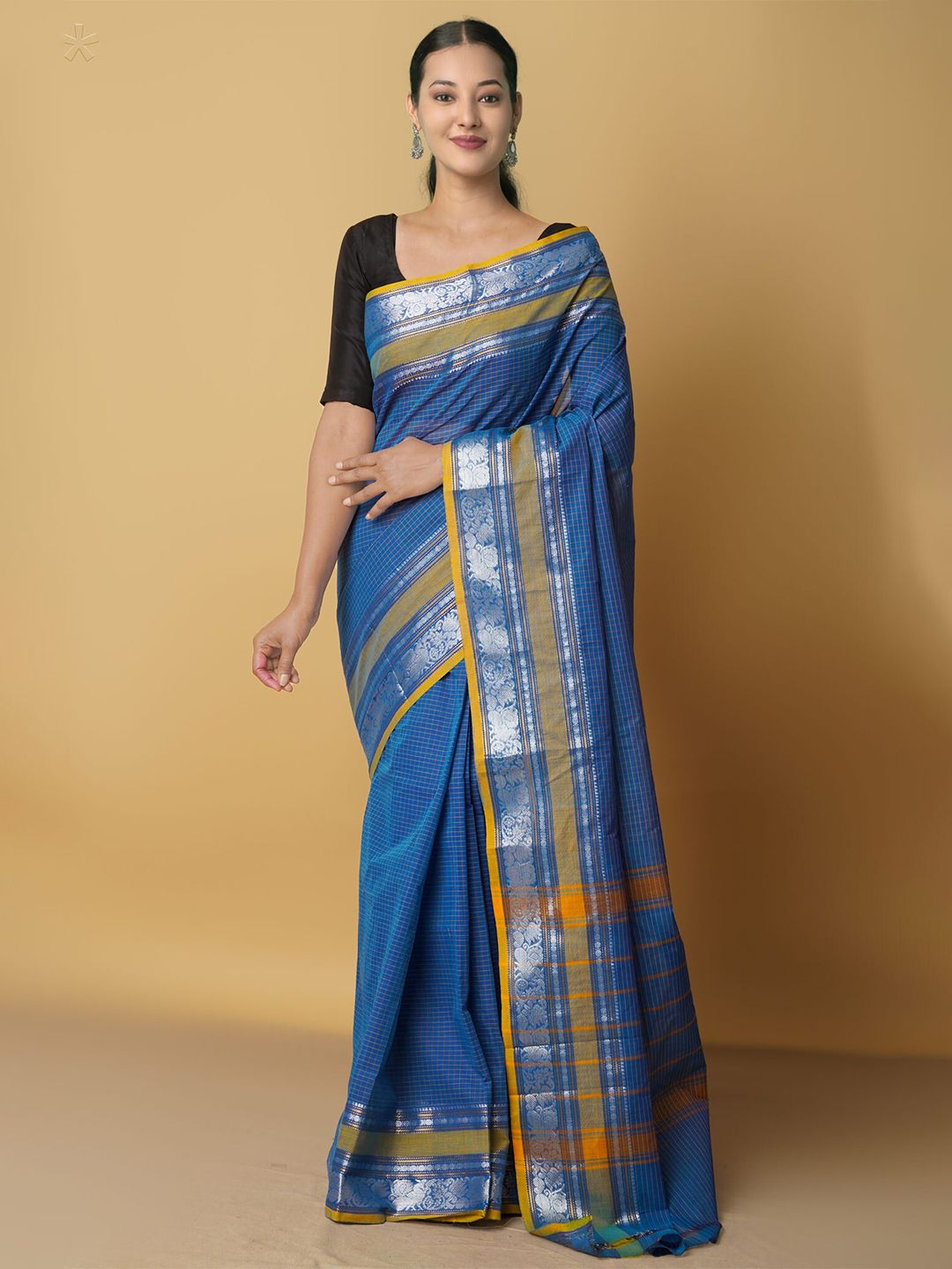 Unnati Silks Blue & Yellow Floral Zari Pure Cotton Chettinad Saree Price in India