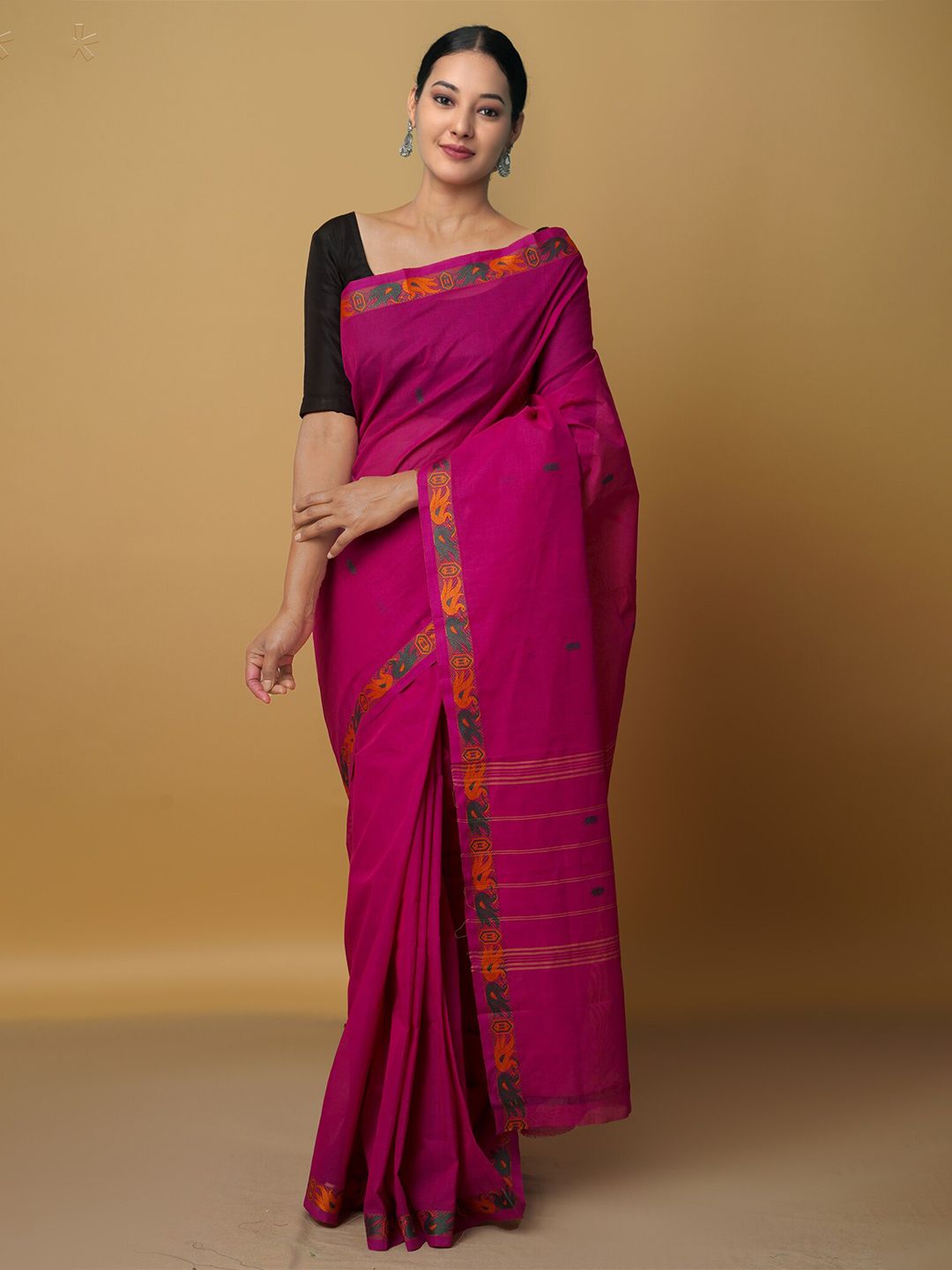 Unnati Silks Pink & Orange Woven Design Zari Pure Cotton Venkatgiri Saree Price in India