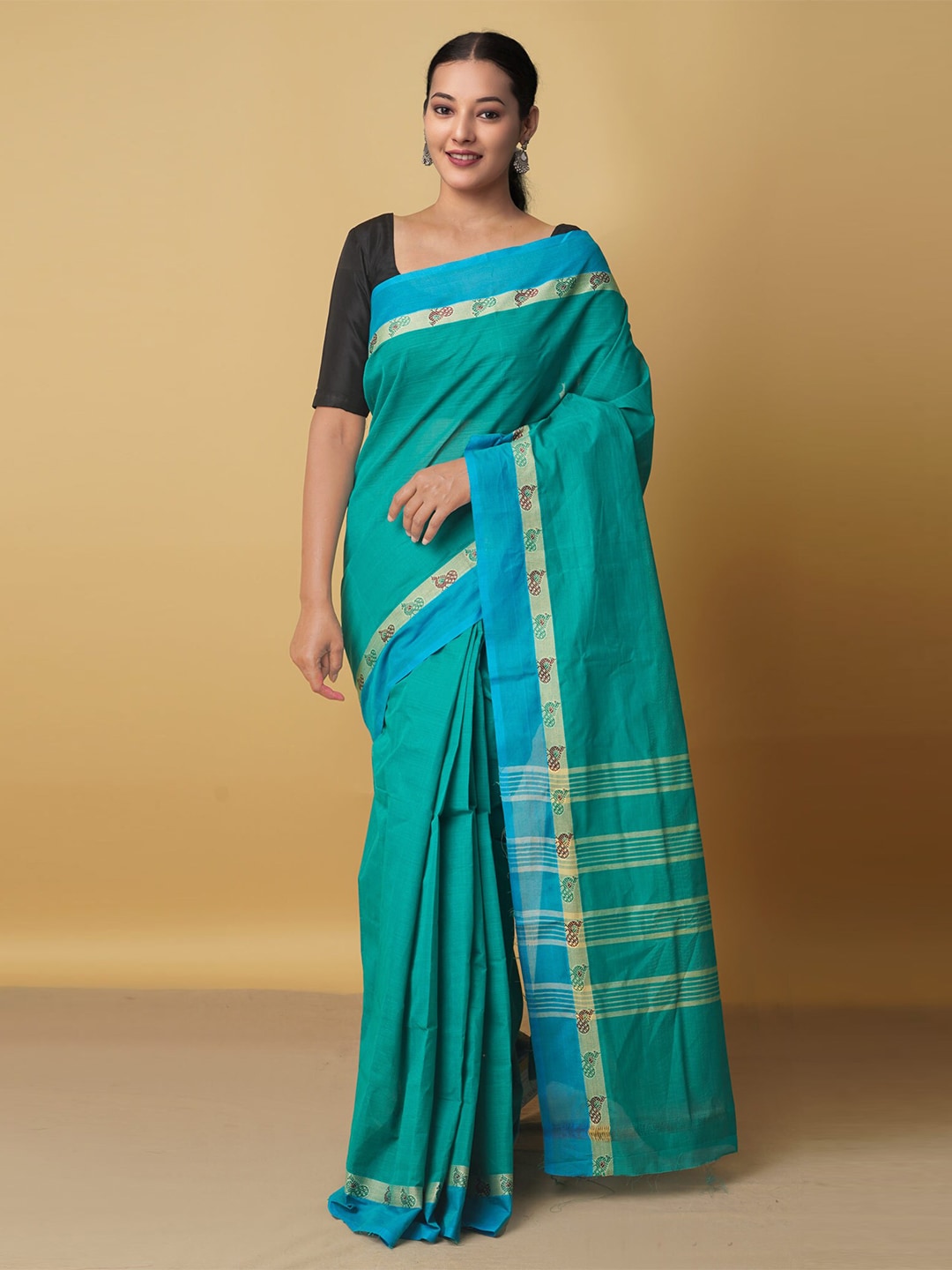 Unnati Silks Green & Purple Woven Design Zari Pure Cotton Venkatgiri Saree Price in India
