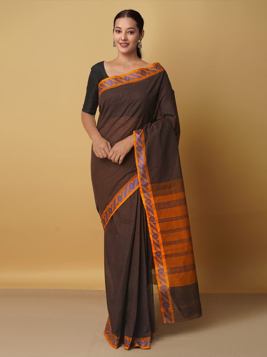 Unnati Women Silks Brown & Yellow Woven Design Zari Pure Cotton Venkatgiri Saree Price in India
