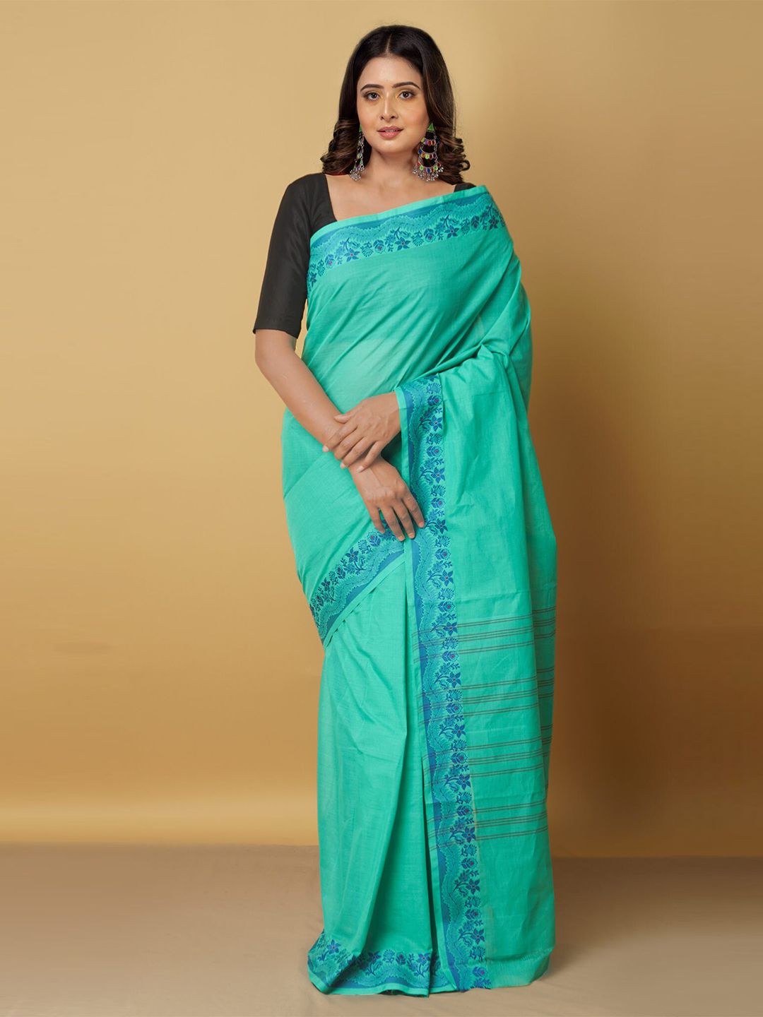 Unnati Silks Women Green & Blue Woven Design Zari Pure Cotton Venkatgiri Saree Price in India