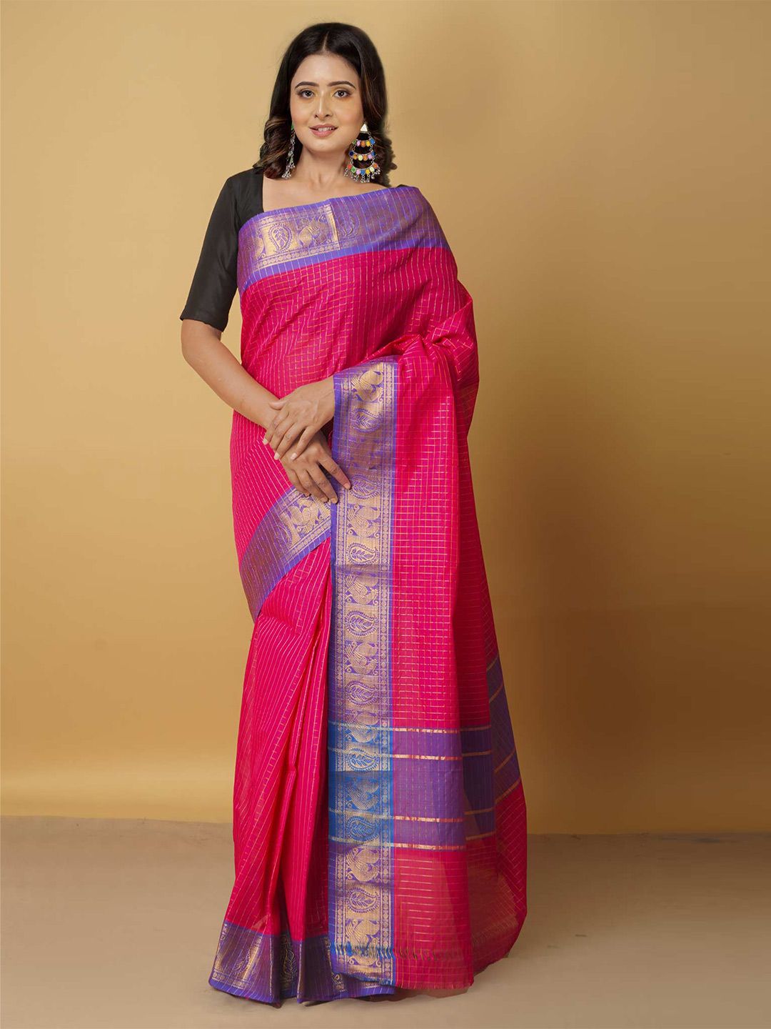 Unnati Silks Pink & Purple Woven Design Zari Pure Cotton Venkatgiri Saree Price in India