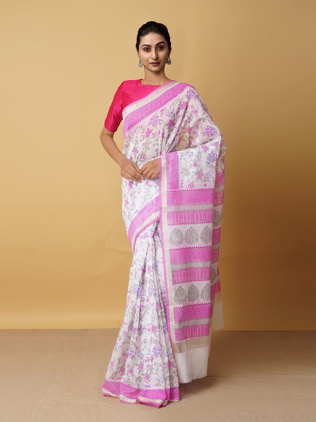 Unnati Silks Women White & Pink Ethnic Motifs Zari Silk Cotton Baluchari Saree Price in India