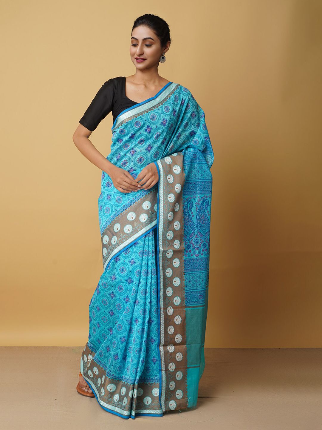 Unnati Silks Blue & Brown Ethnic Motifs Silk Cotton Baluchari Saree Price in India