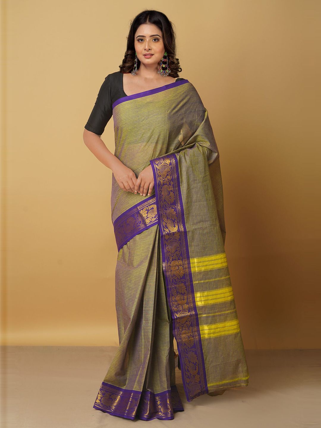 Unnati Silks Women Green & Gold-Toned Woven Design Zari Pure Cotton Venkatgiri Saree Price in India