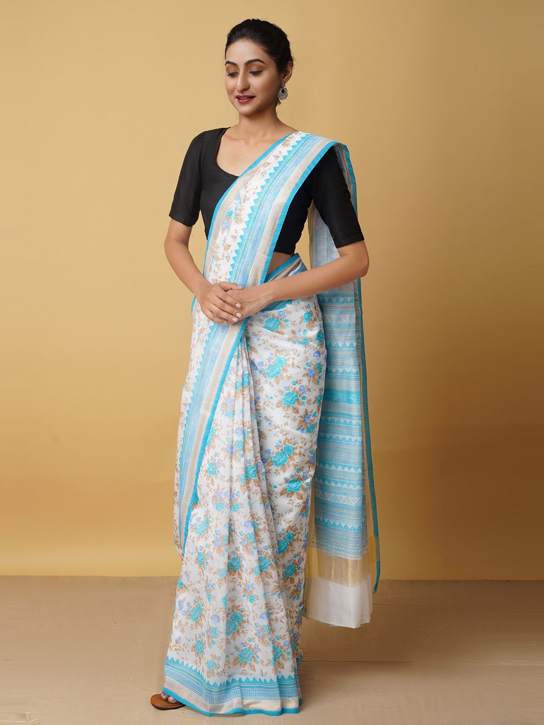 Unnati Silks Blue & White Floral Silk Cotton Baluchari Saree Price in India