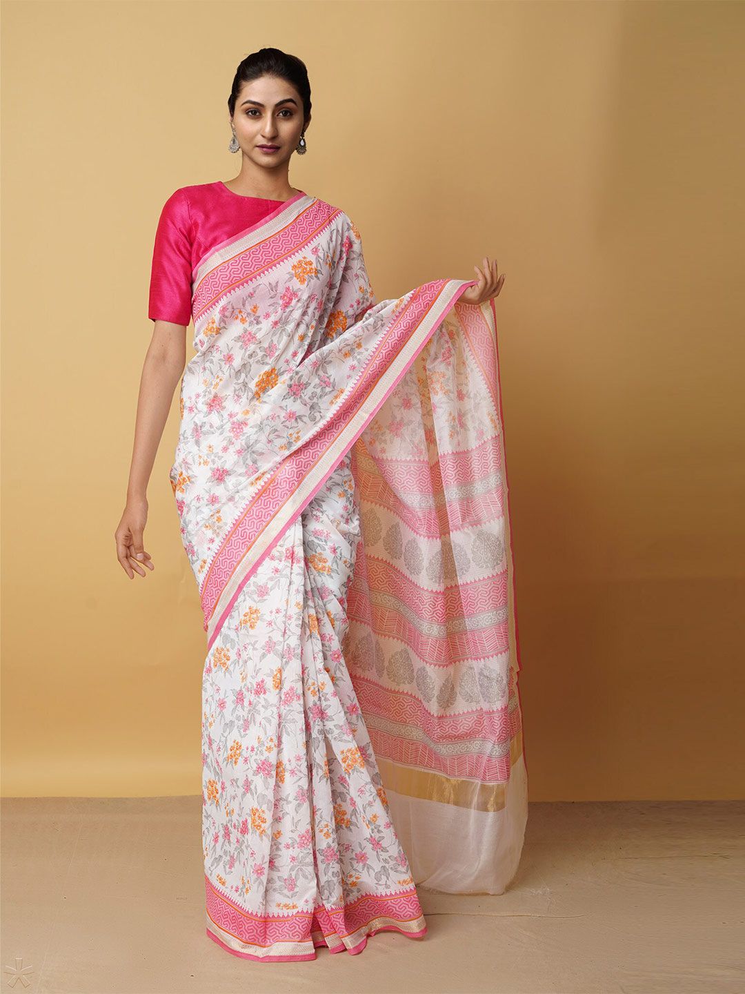 Unnati Silks Cream-Coloured & Pink Floral Silk Cotton Baluchari Saree Price in India