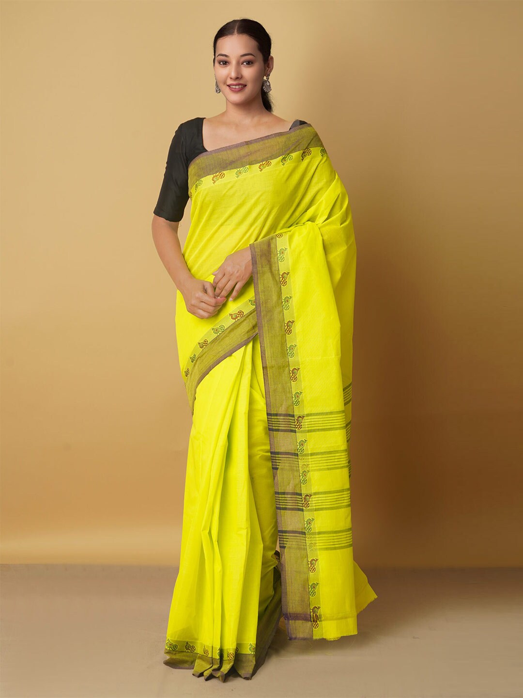 Unnati Silks Green & Yellow Woven Design Zari Pure Cotton Venkatgiri Saree Price in India
