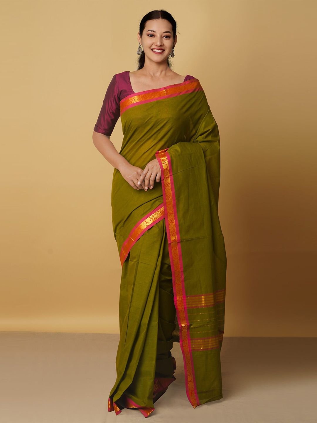 Unnati Silks Green & Pink Woven Design Zari Pure Cotton Venkatgiri Saree Price in India