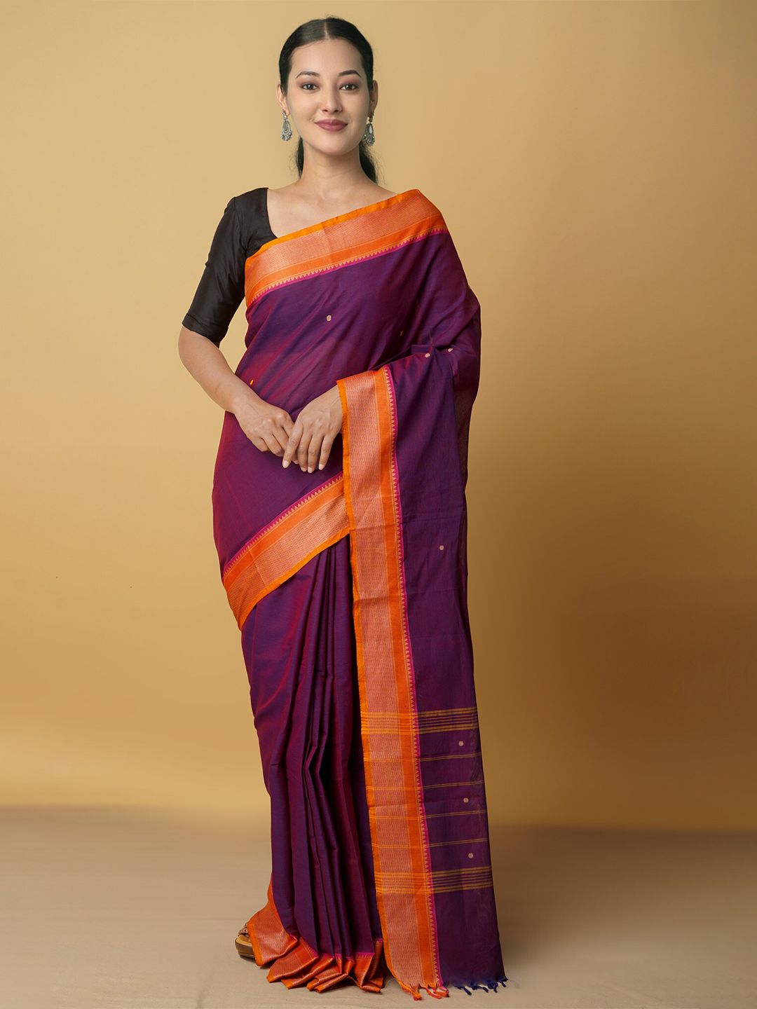 Unnati Silks Purple & Orange Woven Design Pure Cotton Chettinad Saree Price in India