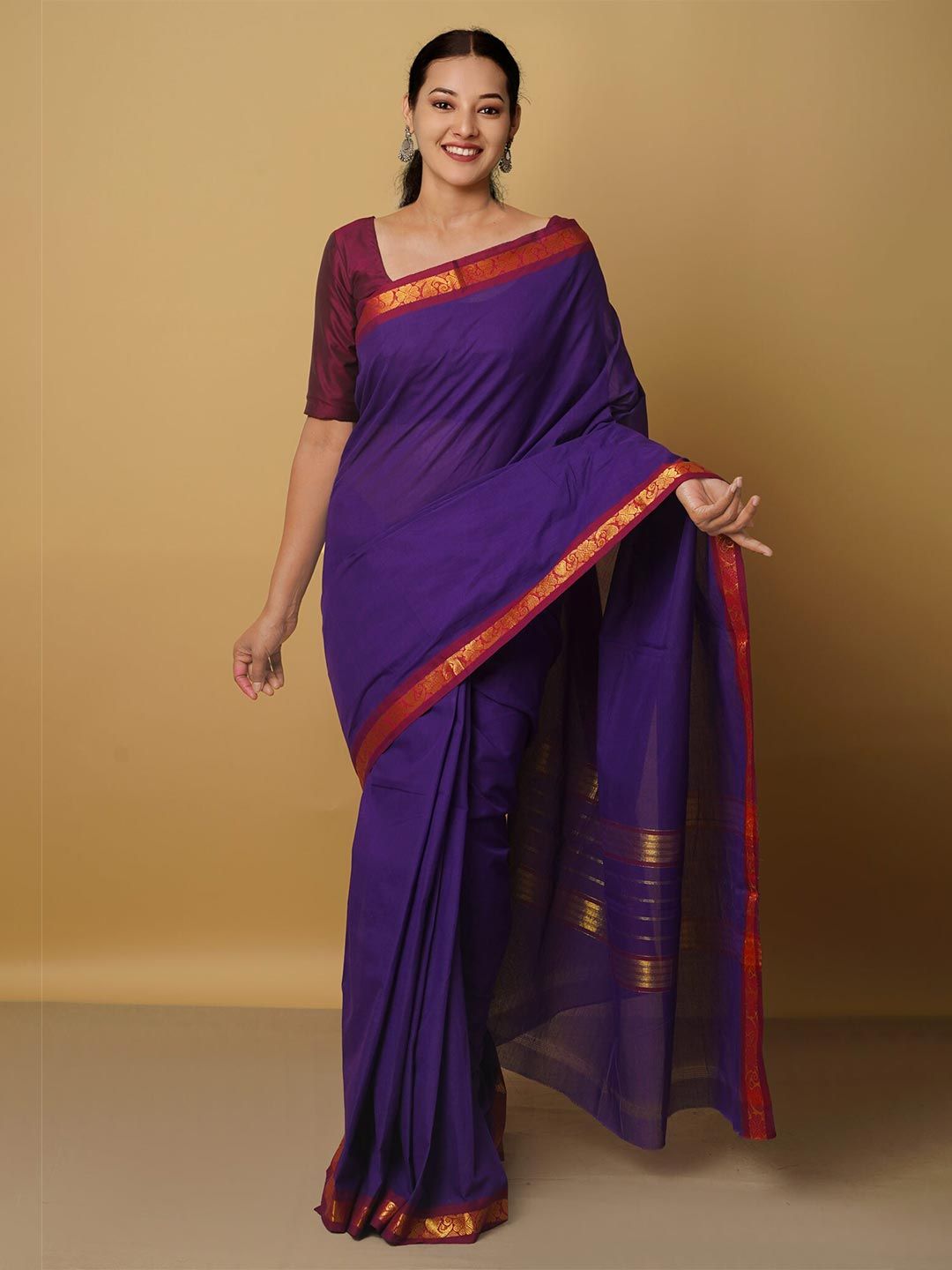 Unnati Silks Women Purple & Red Woven Design Zari Pure Cotton Venkatgiri Saree Price in India