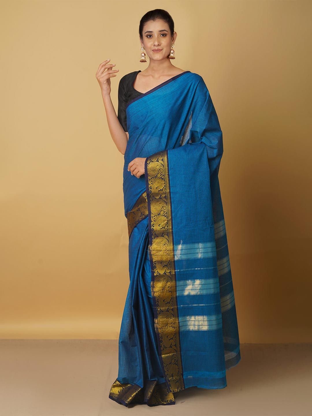 Unnati Silks Blue & Gold-Toned Woven Design Zari Pure Cotton Venkatgiri Saree Price in India