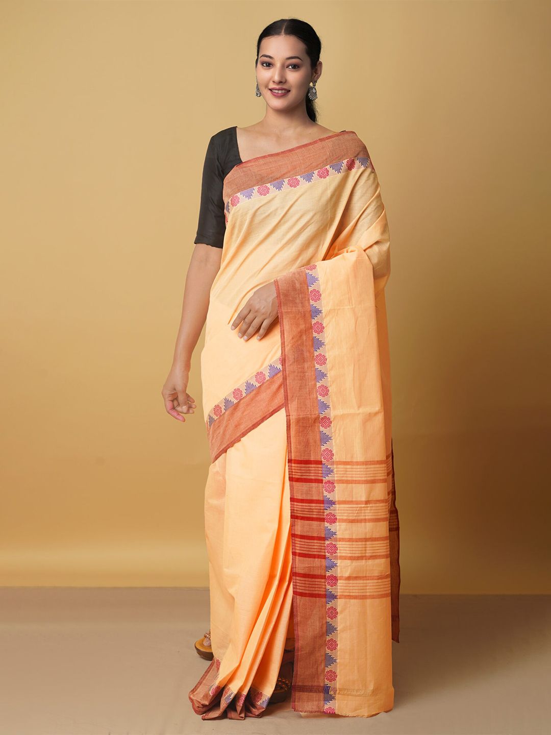 Unnati Silks Orange & Purple Woven Design Zari Pure Cotton Venkatgiri Saree Price in India