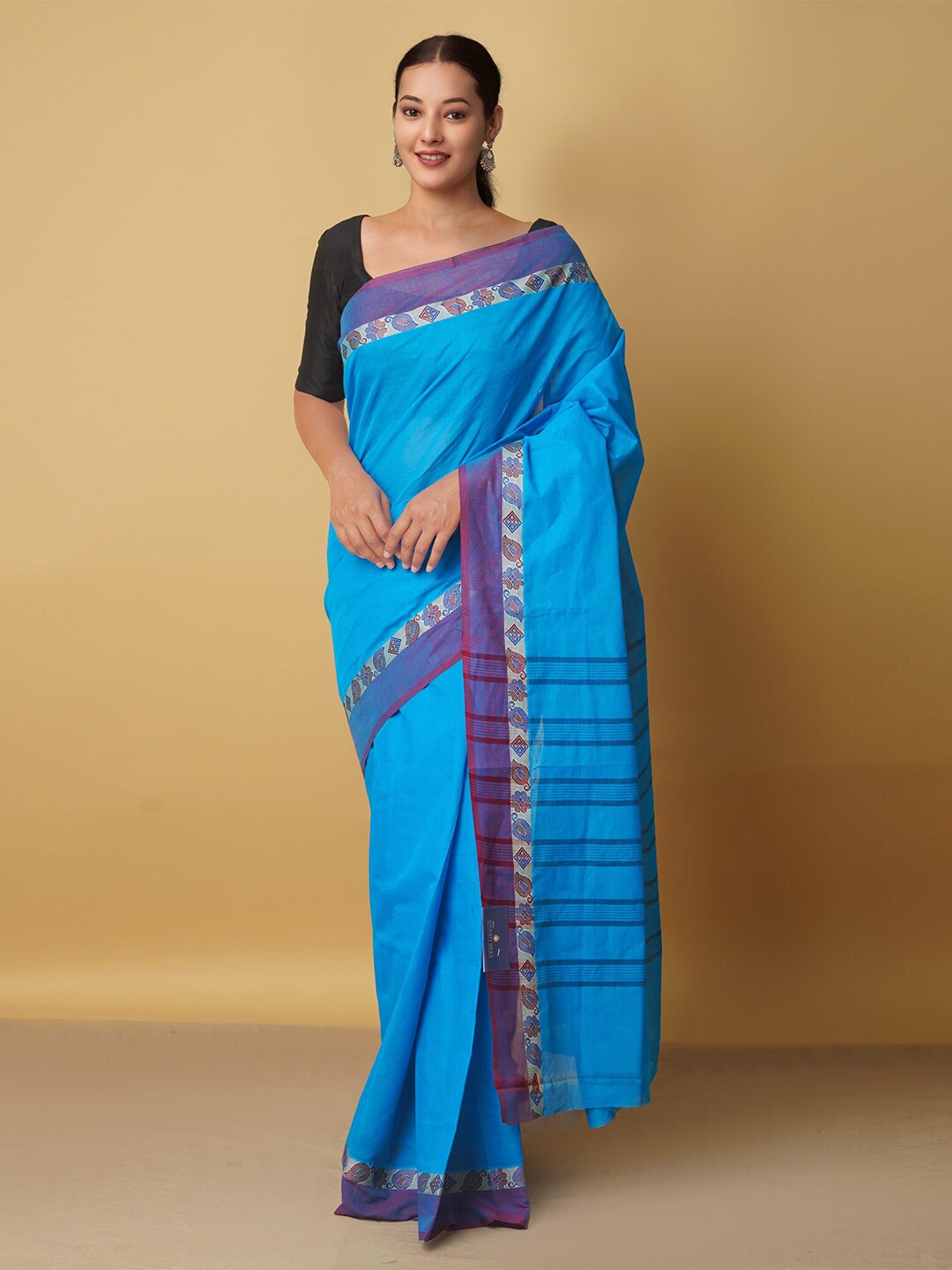 Unnati Silks Blue & Brown Woven Design Pure Cotton Venkatgiri Saree Price in India