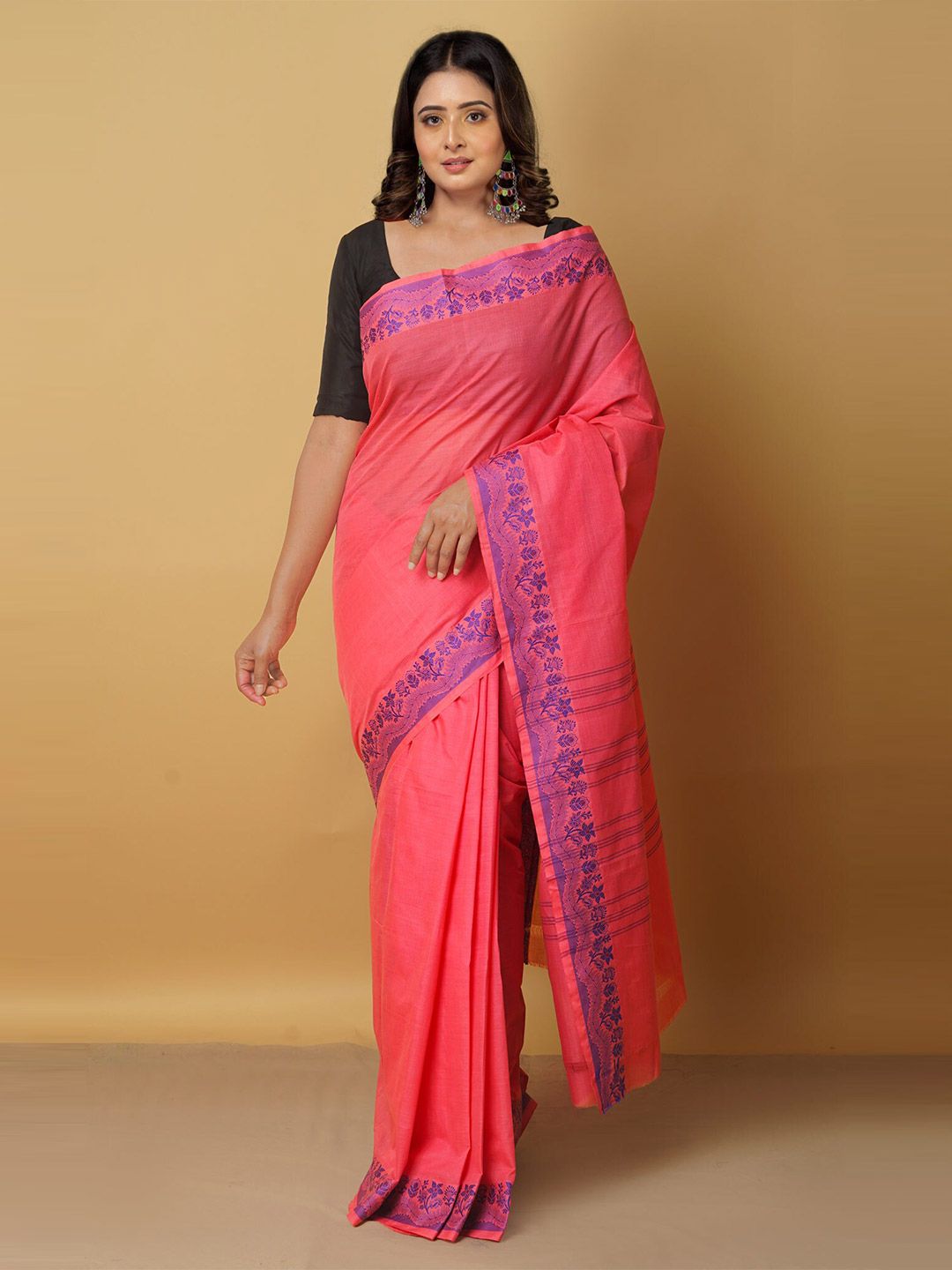 Unnati Silks Pink & Blue Woven Design Zari Pure Cotton Venkatgiri Saree Price in India