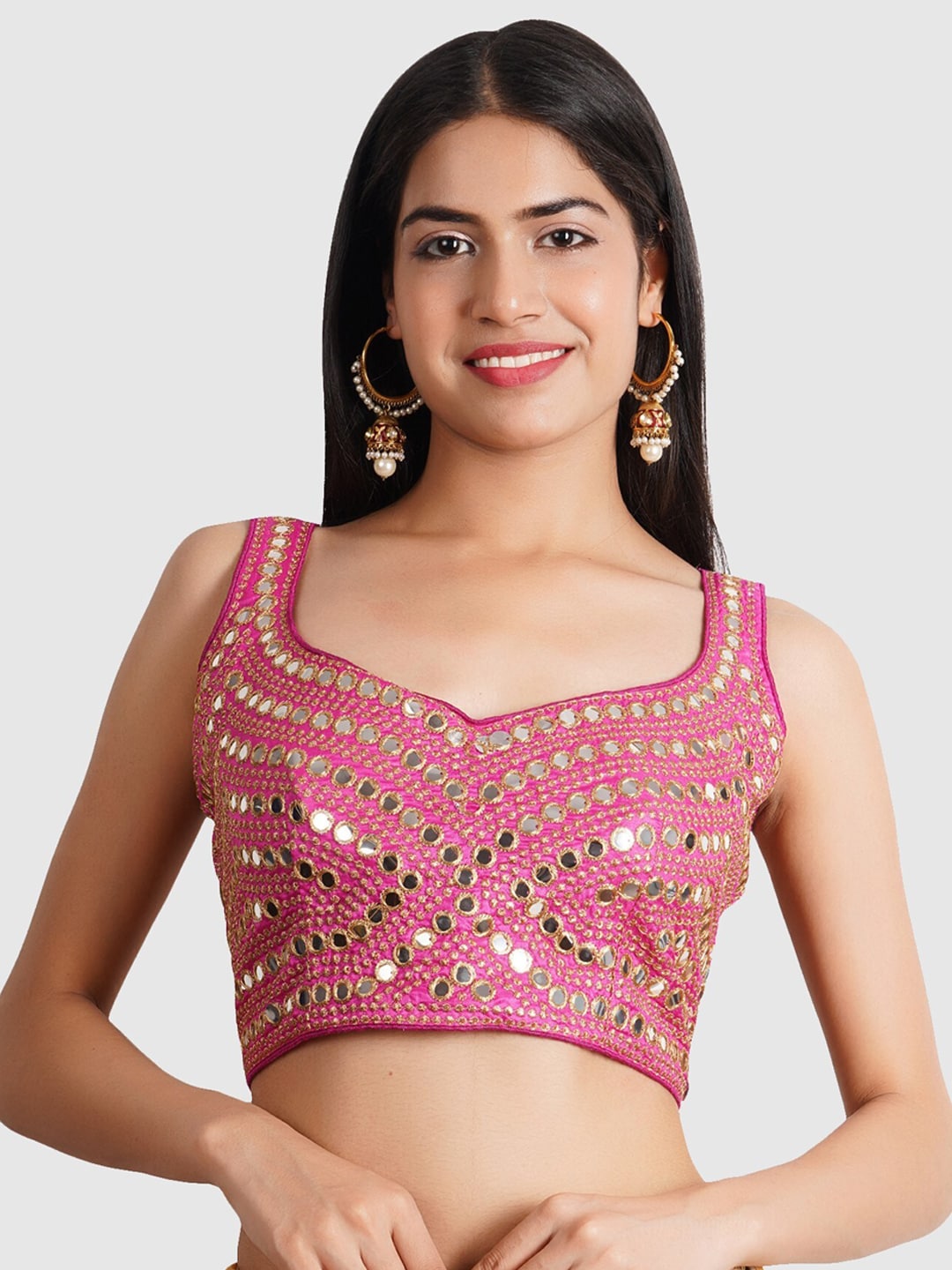 Trendzmy Women Pink Embroidered Mirror Work Silk Saree Blouse Price in India