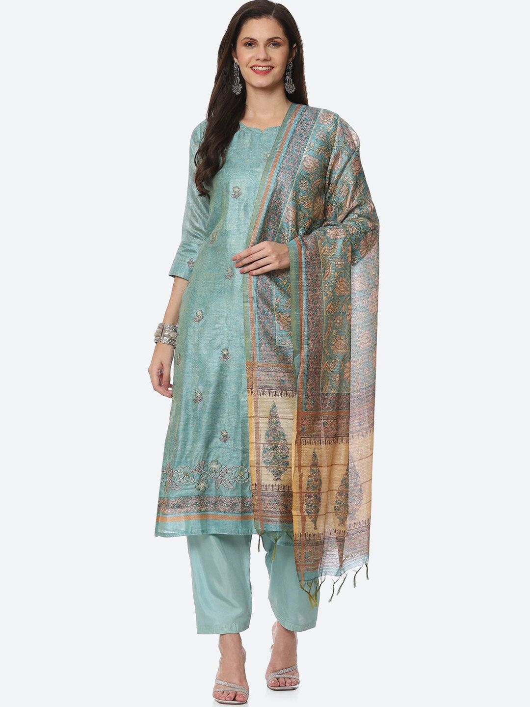 Biba Turquoise Blue & Gold-Toned Embroidered Unstitched Dress Material Price in India