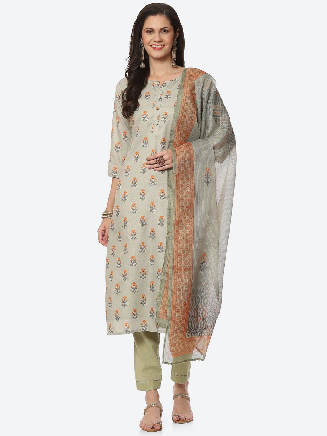 Biba Green & Yellow Printed Unstitched Dress Material Price in India