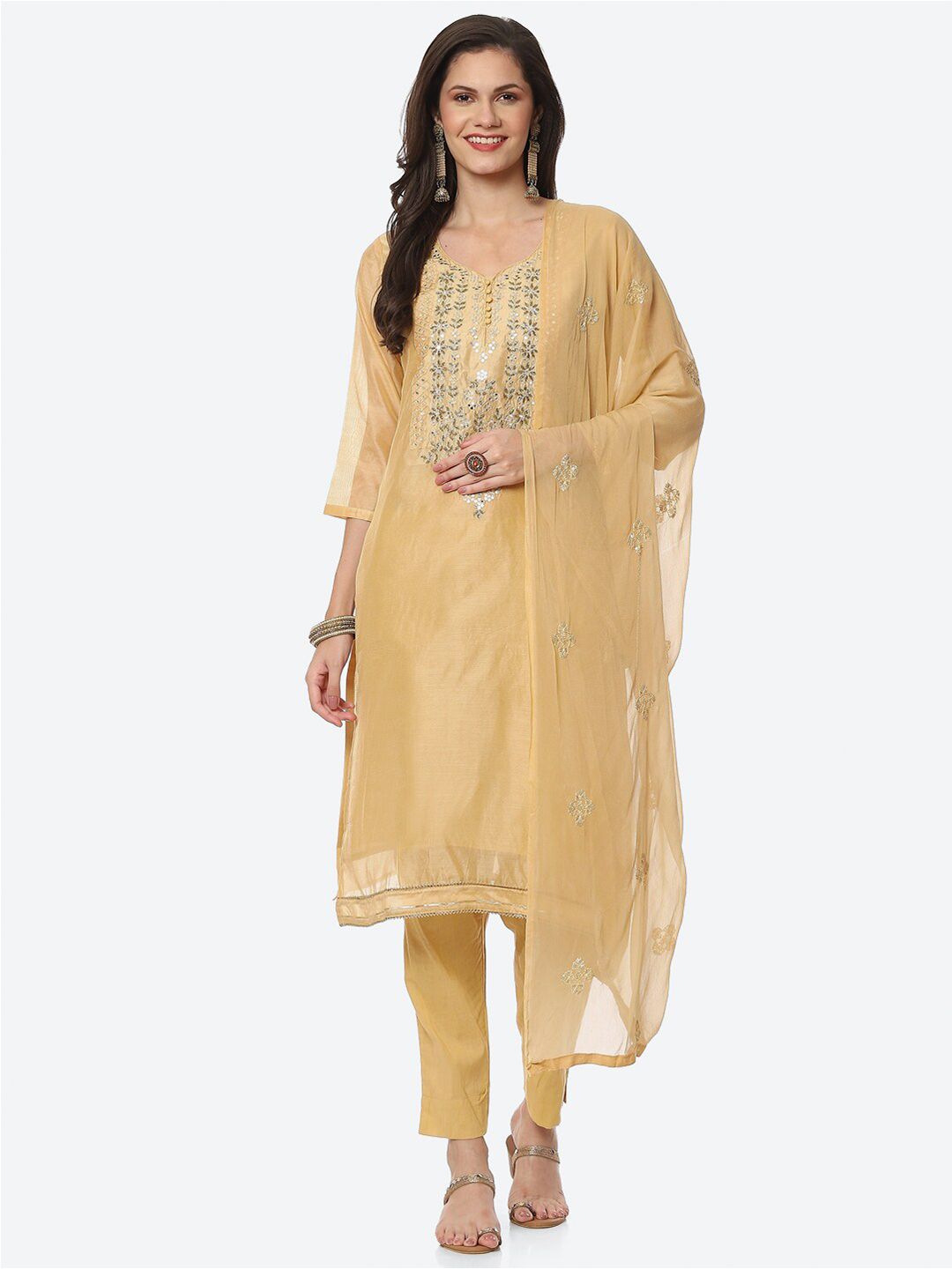 Biba Mustard Embroidered Unstitched Dress Material Price in India