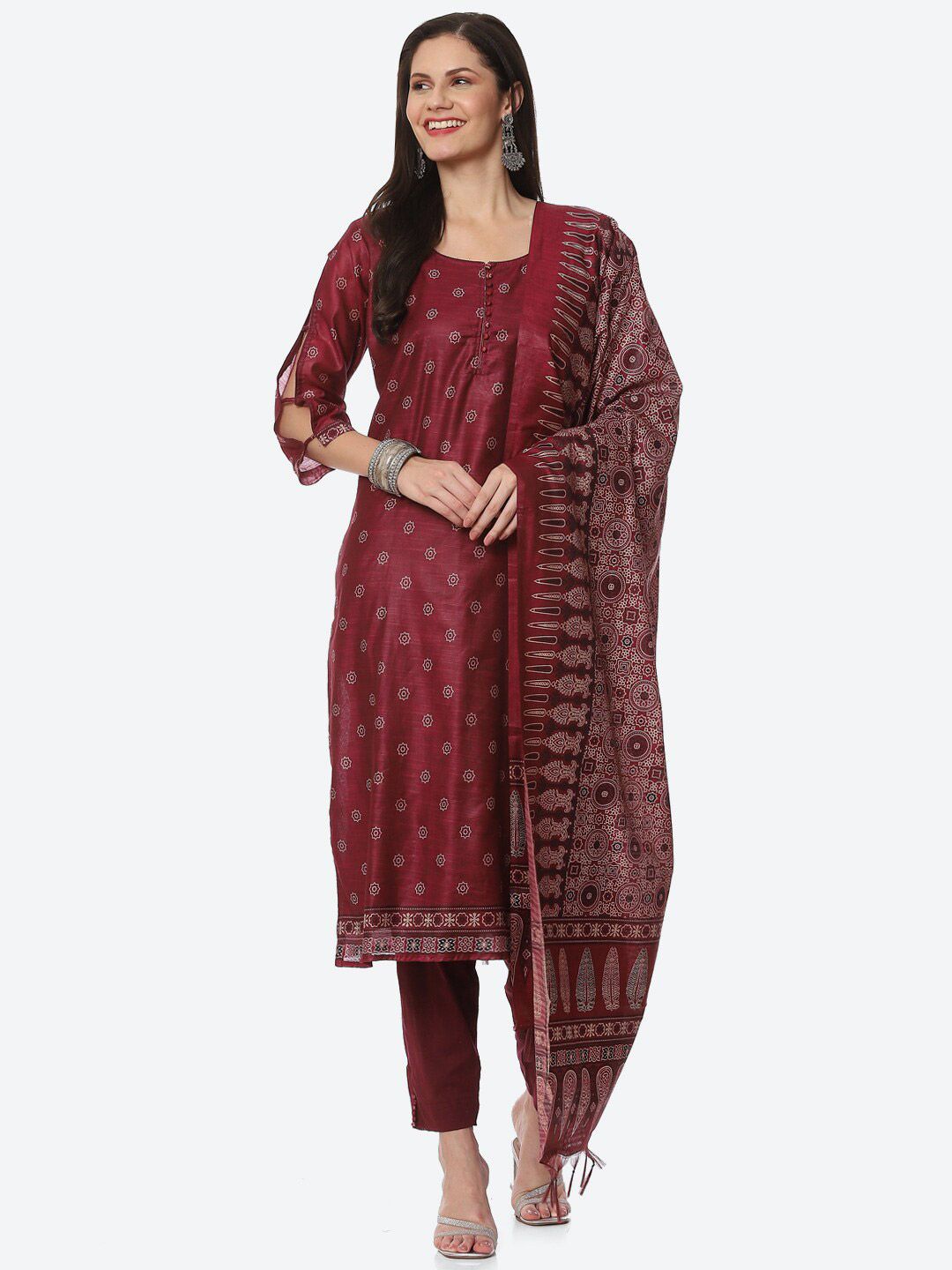 Biba Women Maroon Printed Unstitched Dress Material Price in India