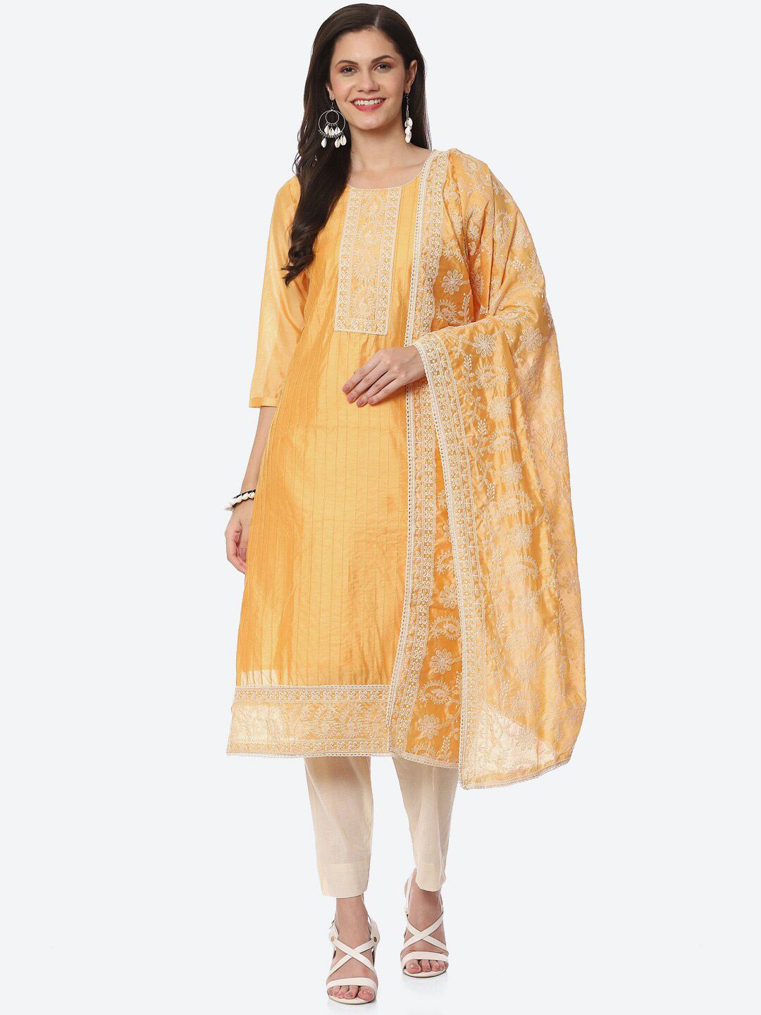 Biba Yellow & White Embroidered Unstitched Dress Material Price in India