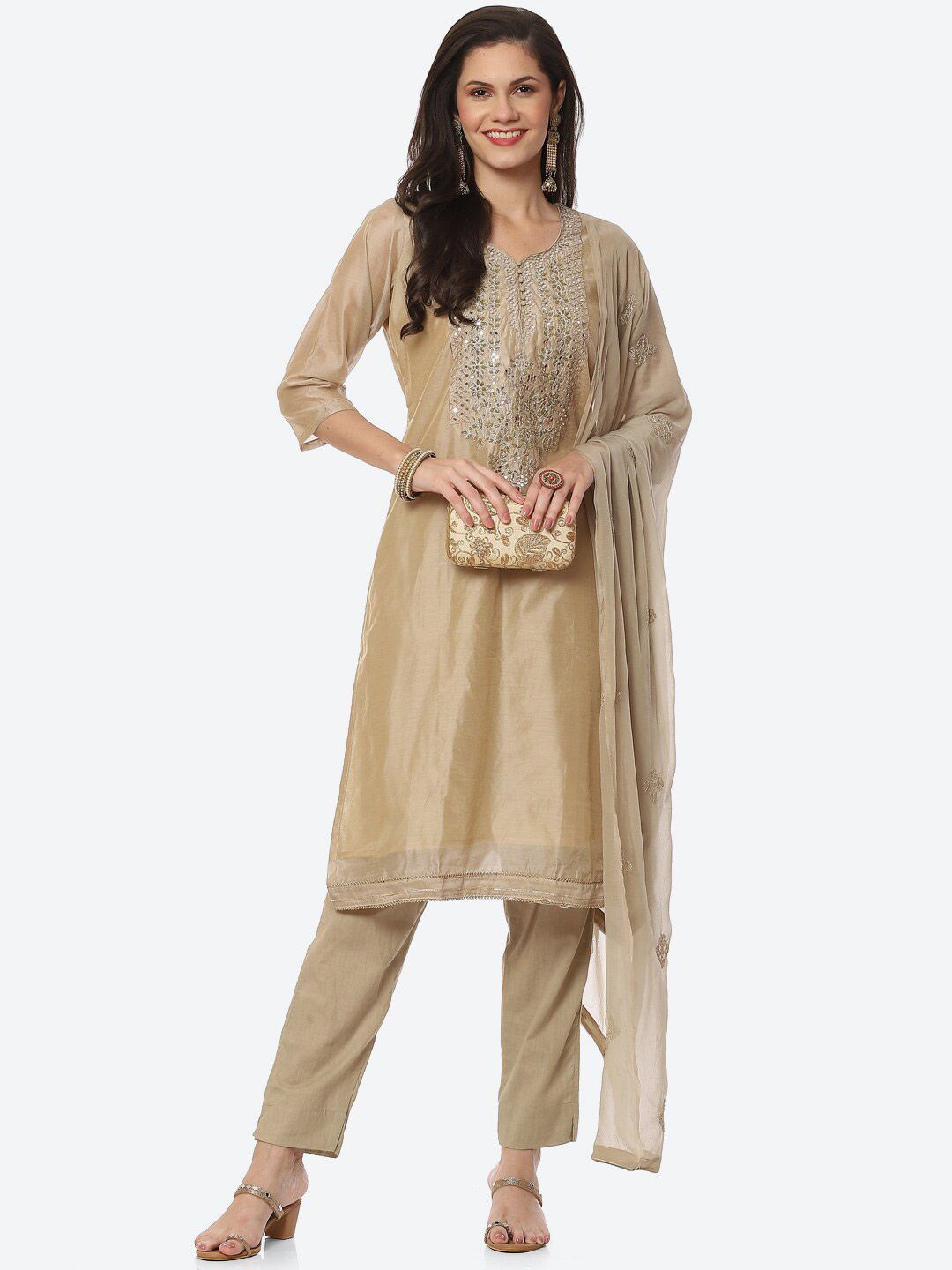 Biba Beige & Silver-Toned Embroidered Unstitched Dress Material Price in India