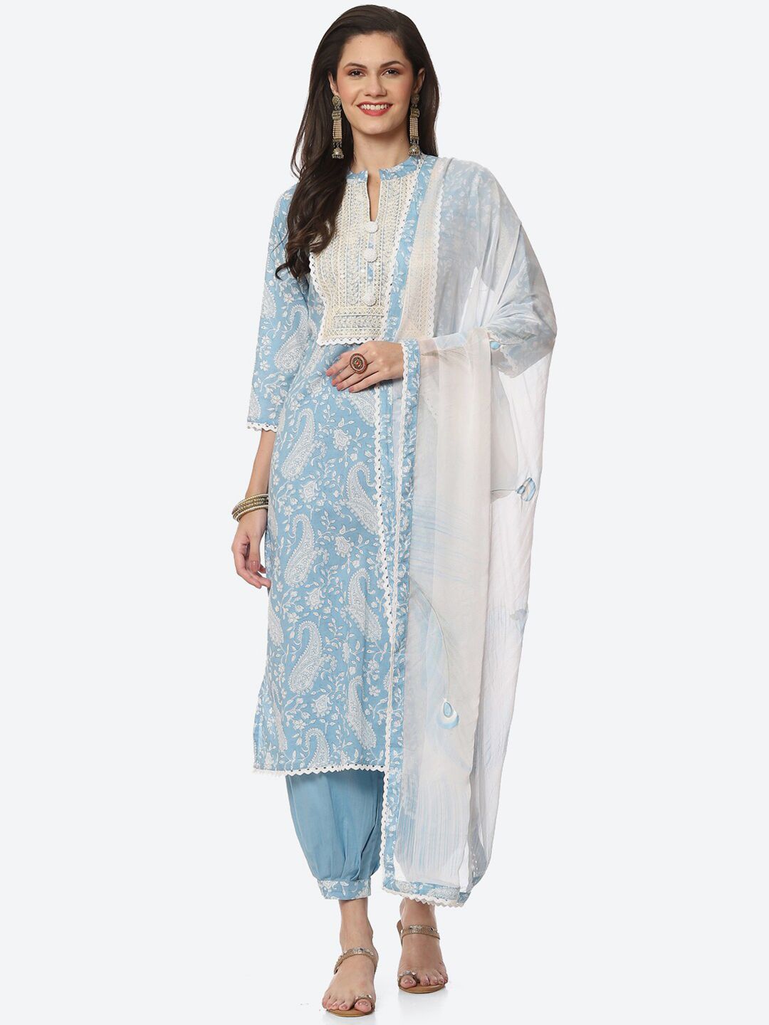 Biba Blue & White Printed Unstitched Dress Material Price in India