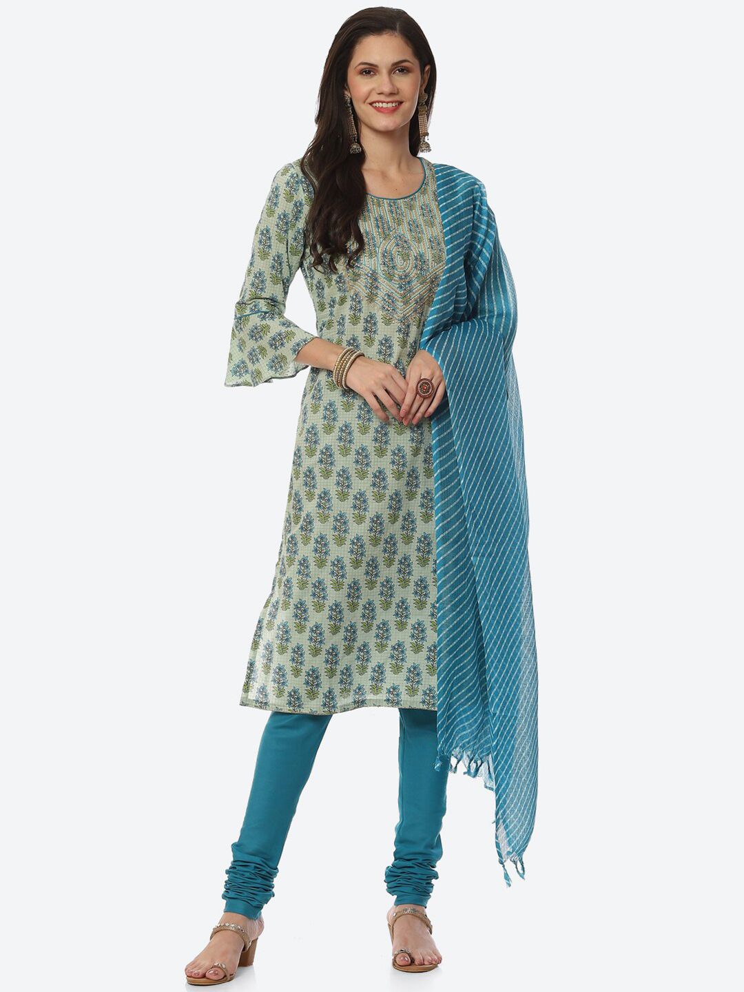 Biba Women Green & Blue Printed Unstitched Dress Material Price in India