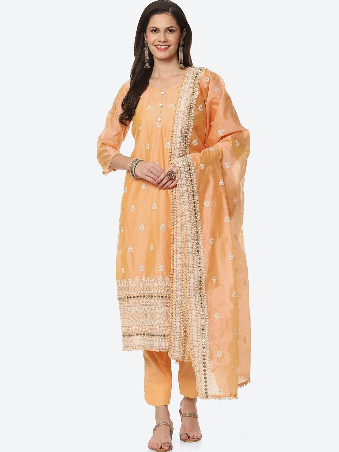 Biba Women Orange & White Embroidered Unstitched Dress Material Price in India