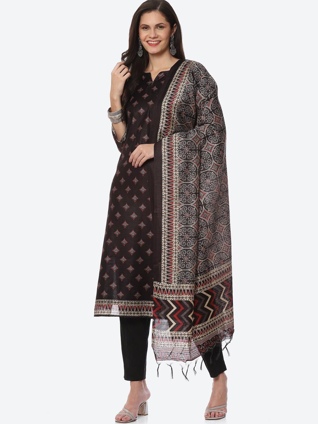 Biba Women Black & Maroon Printed Unstitched Dress Material Price in India