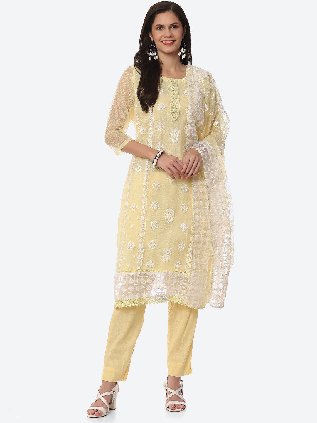Biba Yellow & White Embroidered Unstitched Dress Material Price in India