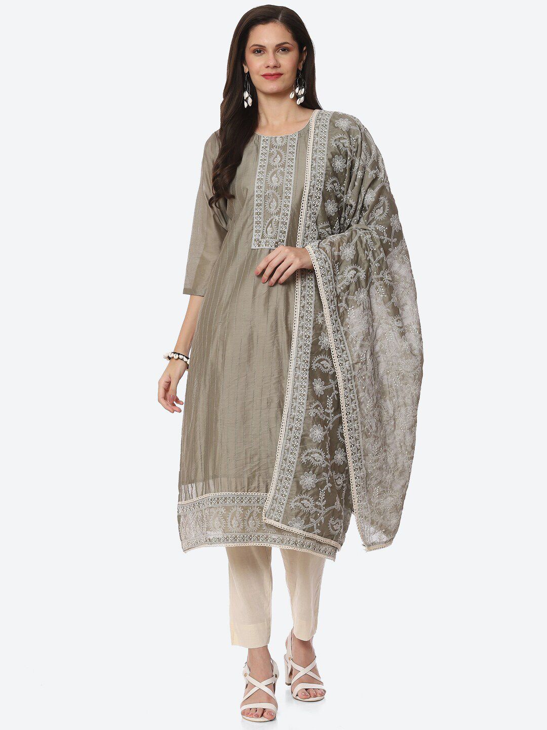 Biba Grey & White Unstitched Dress Material Price in India