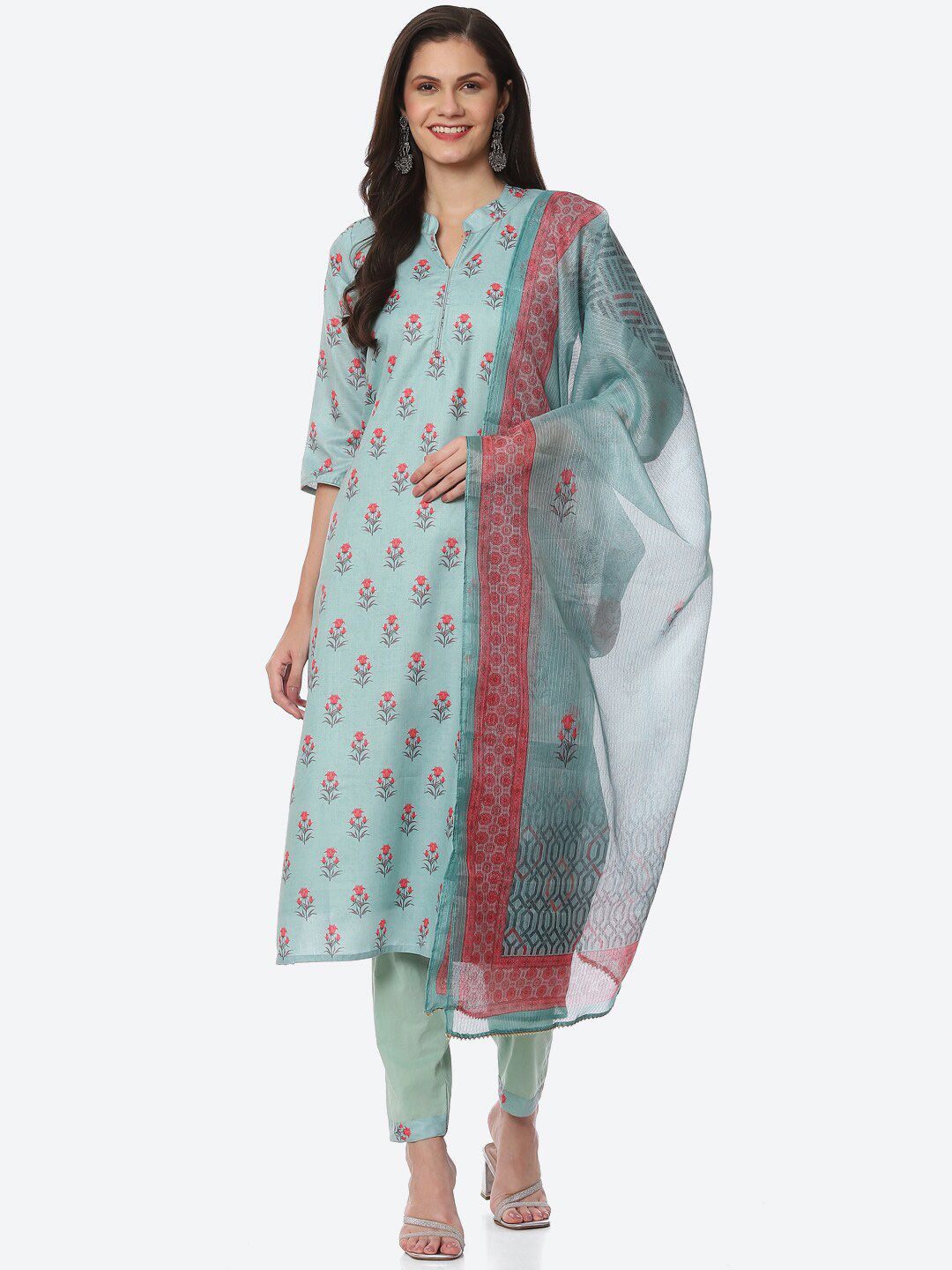 Biba Blue & Pink Printed Unstitched Dress Material Price in India