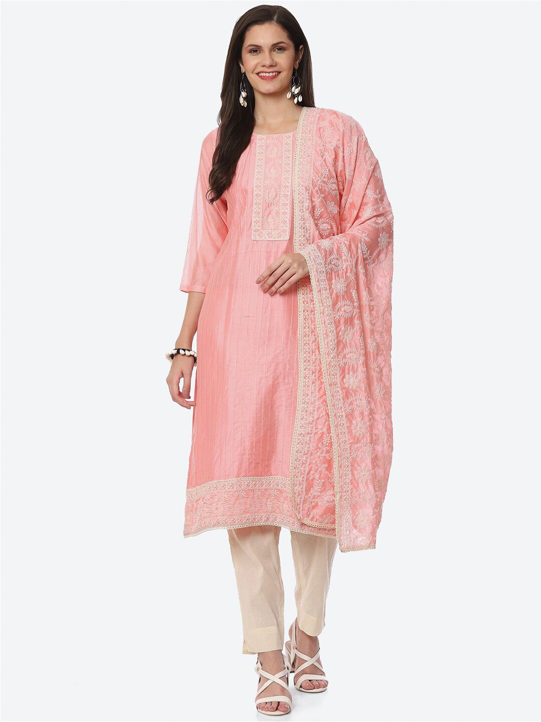 Biba Pink & Cream-Coloured Embroidered Unstitched Dress Material Price in India