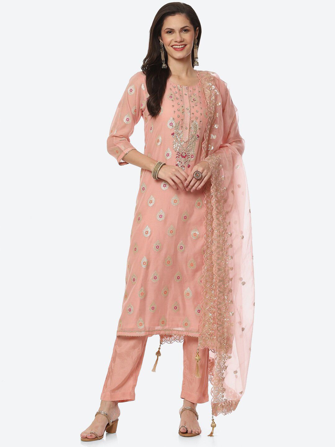 Biba Pink & Gold-Toned Printed Art Silk Unstitched Dress Material Price in India