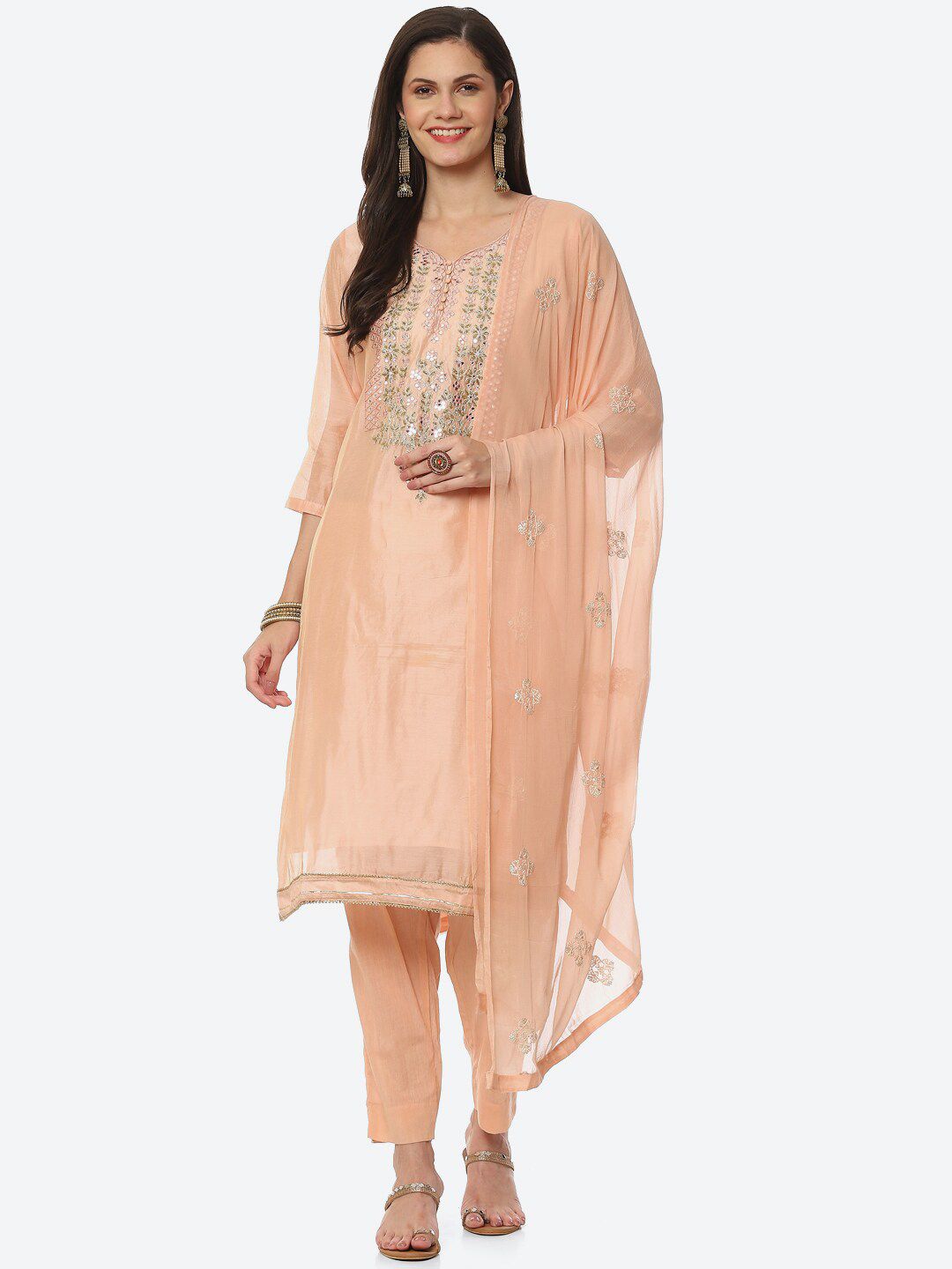 Biba Peach-Coloured & White Unstitched Dress Material Price in India