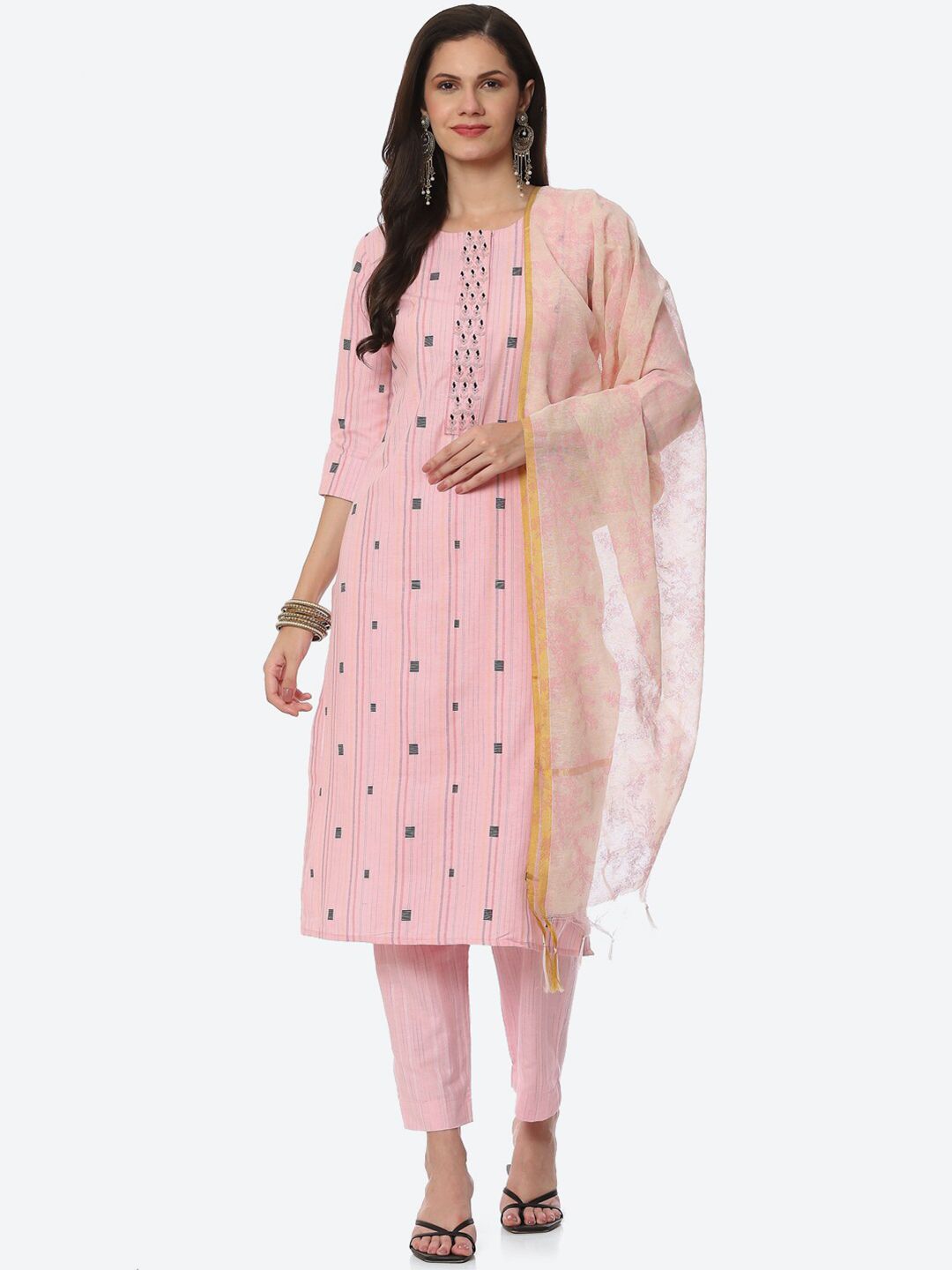 Biba Women Pink & Grey Unstitched Dress Material Price in India